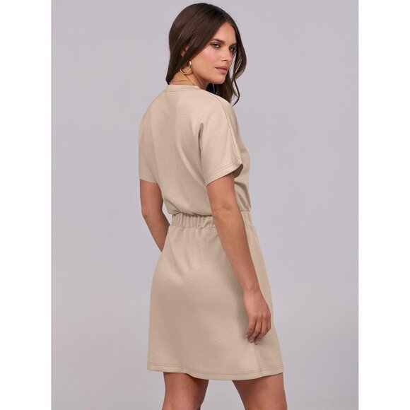 Anrabess Women Khaki Crew Neck Elastic Waist Mini T Shirt Dress With Pocket - Picture 5 of 6
